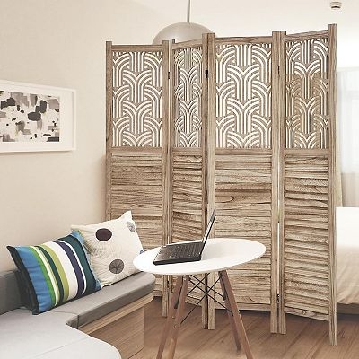 Geometric Cutout Room Divider Louvered Wood Folding Screen