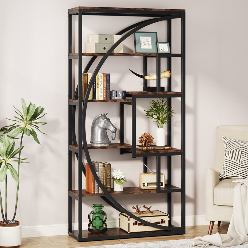 Geometric Étagère Bookcase Black Metal and Wood Staggered