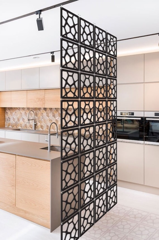 Geometric Hanging Screen Panels Matte Black Modular CNC Cutouts