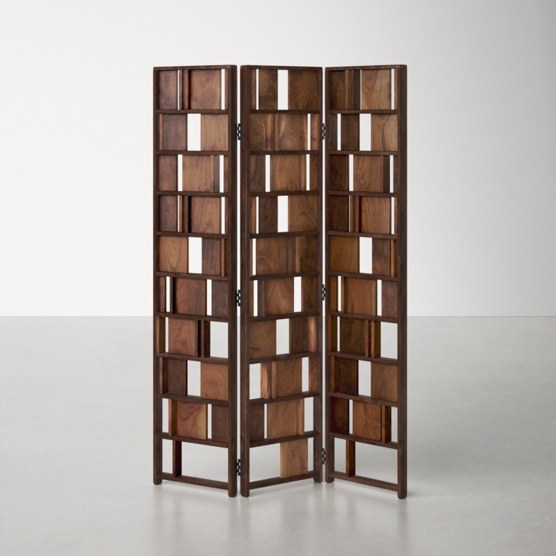 Geometric Room Divider Staggered Wood Blocks Open Grid Screen