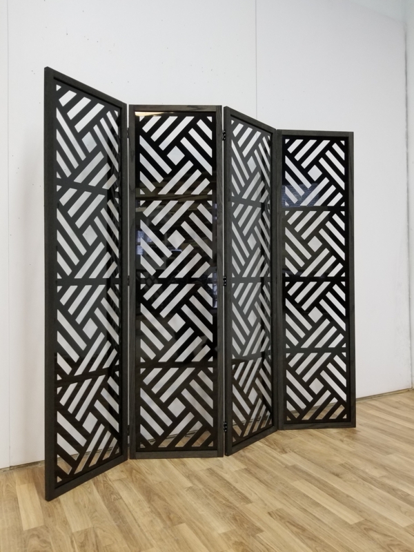 Geometric Room Divider with Dark Charcoal Lattice Cutout Design