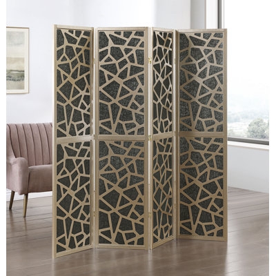 Geometric Wood Room Divider with Charcoal Cutout Pattern, Folding