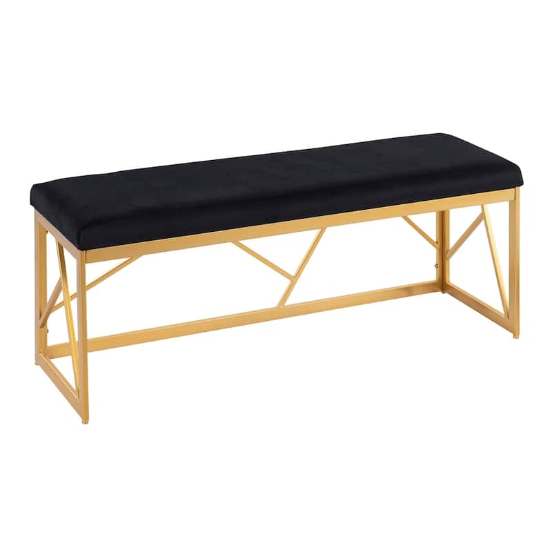 Glam Bench Black Velvet Upholstery Geometric Gold Metal Base