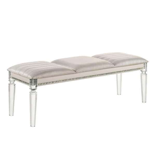 Glam Bench Pearl White Channeled Seat Silver Beaded Trim Acrylic Legs