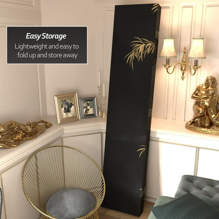 Glam Matte Black Room Divider with Gold Leaf Motif
