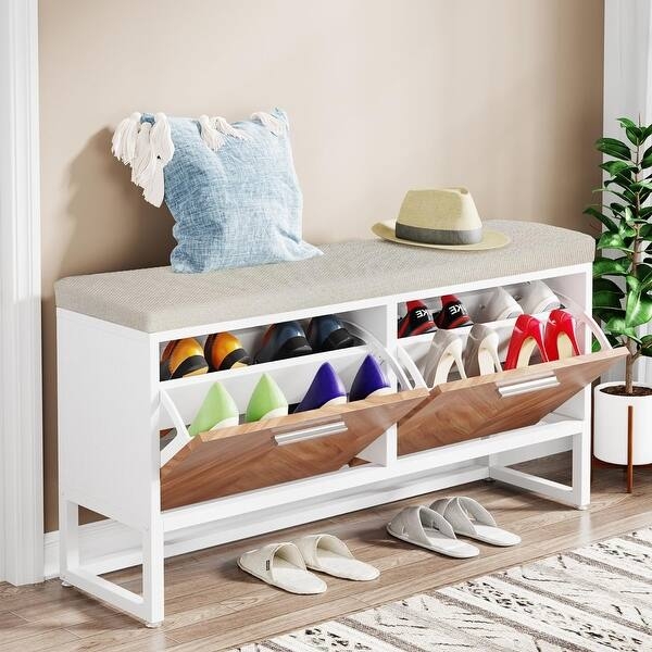 Glam Shoe Storage Bench, Gold Hardware & Flip Drawers