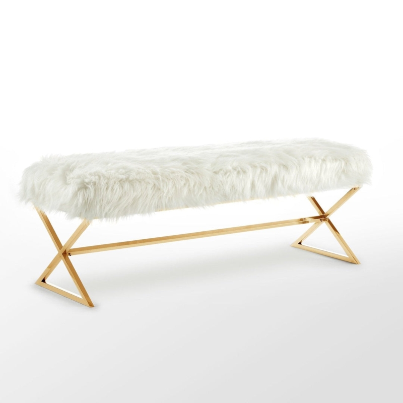 Glam White Faux Fur Bench Gold Metal X-Leg Base Luxurious
