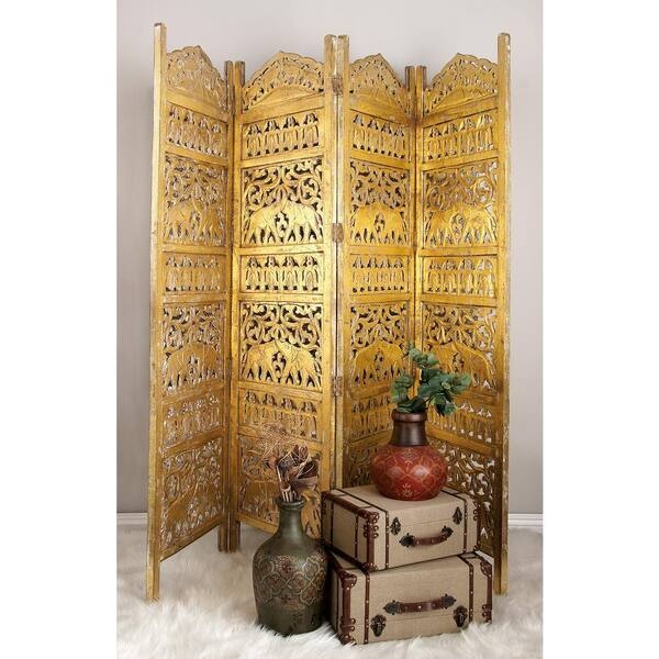 Global Inspired Elephant Screen Antique Gold Folding Partition