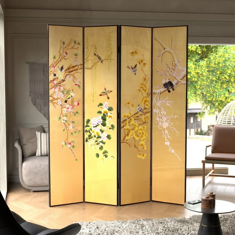 Gold Finish Folding Room Divider Botanical Print Artwork
