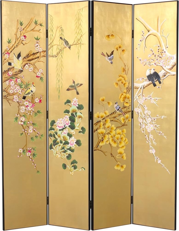 Gold Leaf Finish Room Divider Chinoiserie Floral Folding Screen