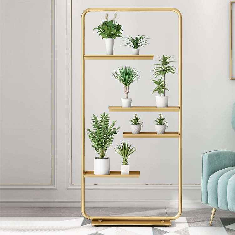 Gold Staggered Shelf Plant Stand, Modern Glam Room Divider