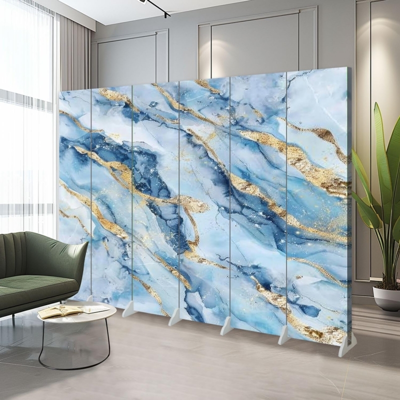 Gold Vein Privacy Screen Abstract Blue Marble Six Panel Folding