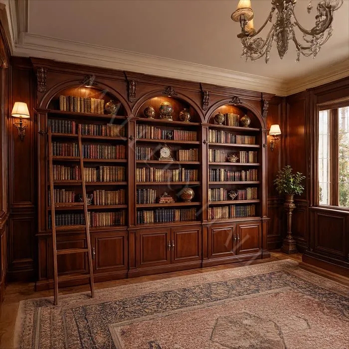 Grand Library Wall Unit Triple Arch Rolling Ladder Traditional