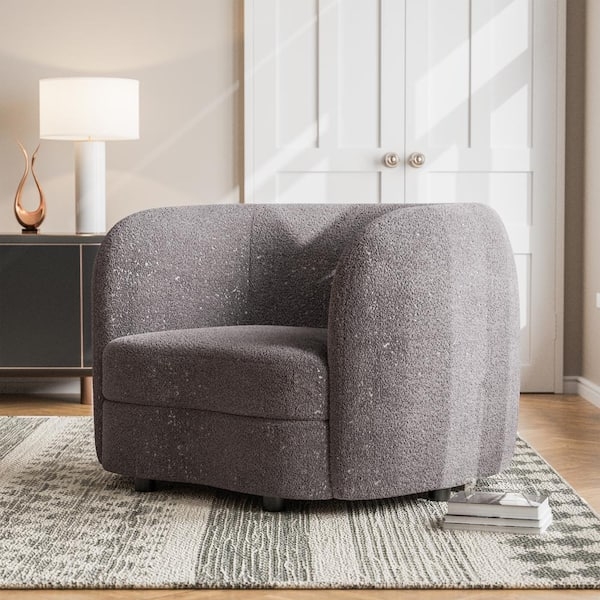 Gray Boucle Fabric Barrel Chair with Tapered Wood Legs