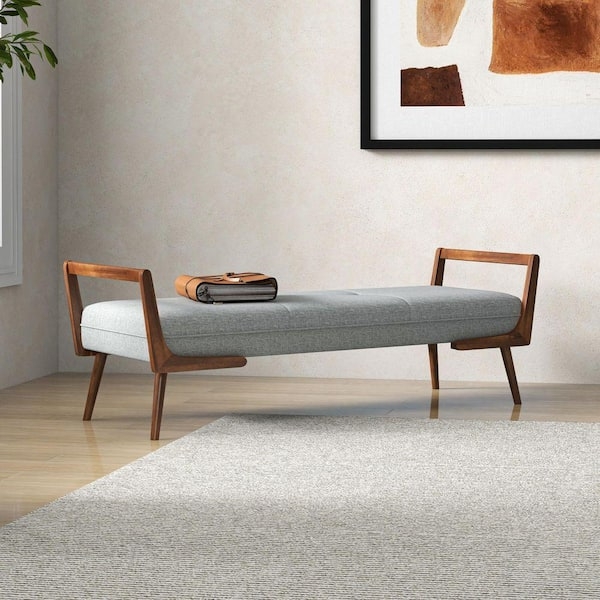 Gray Grid Tufted Upholstered Bench Tapered Wood Legs Accent Seating