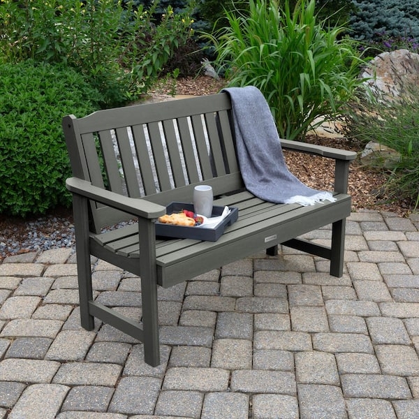 Gray Outdoor Garden Bench with Weather Resistant Slatted Design