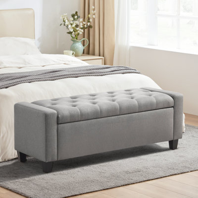 Gray Storage Bench with Track Arms and Tufted Seat for Bedroom