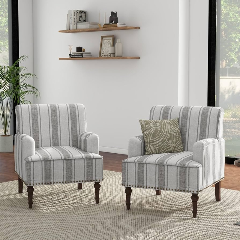 Gray Striped Accent Chair Set with Nailhead Trim Features
