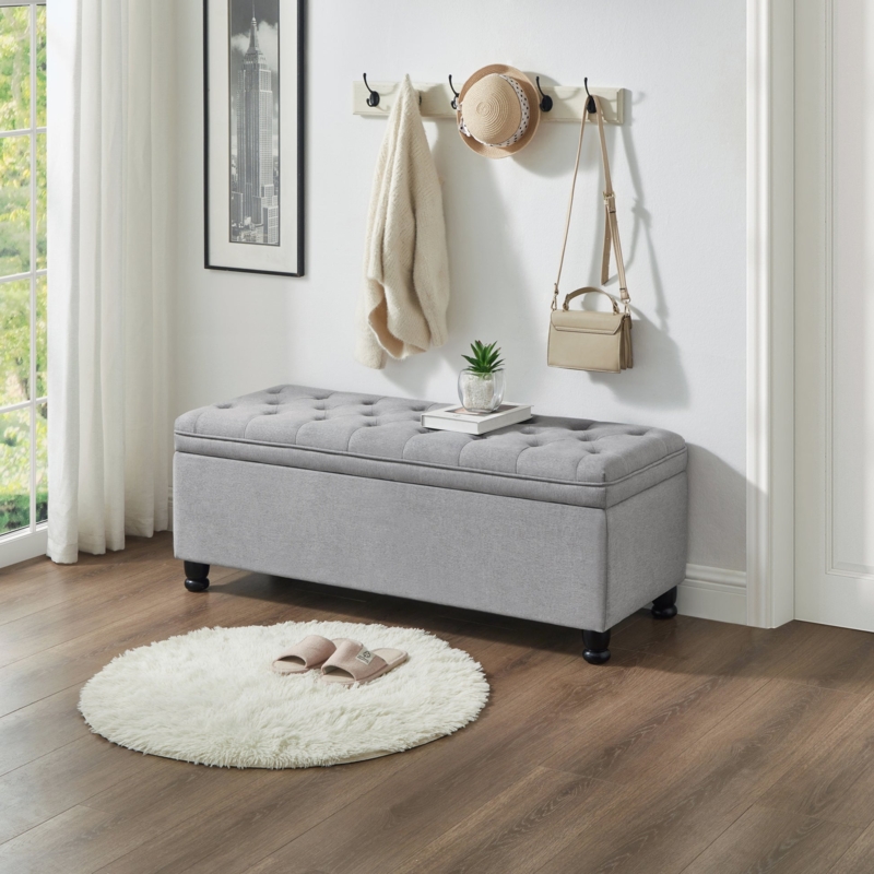 Gray Tufted Entryway Storage Bench Turned Wood Legs Espresso Finish