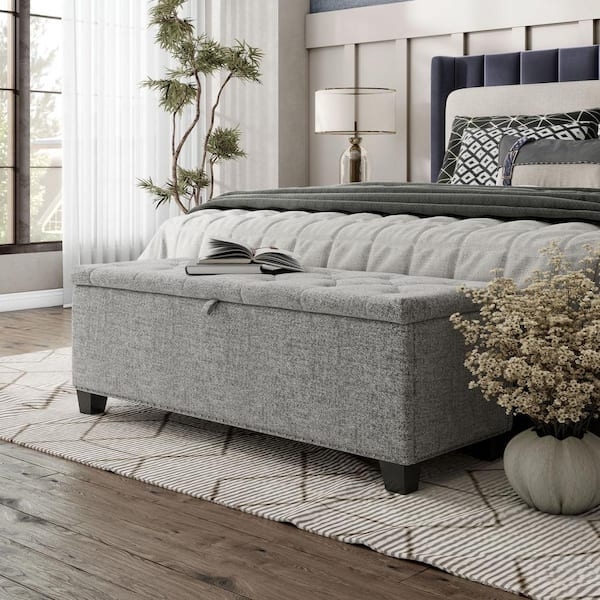 Gray Tufted Storage Bench with Lift Top and Block Feet