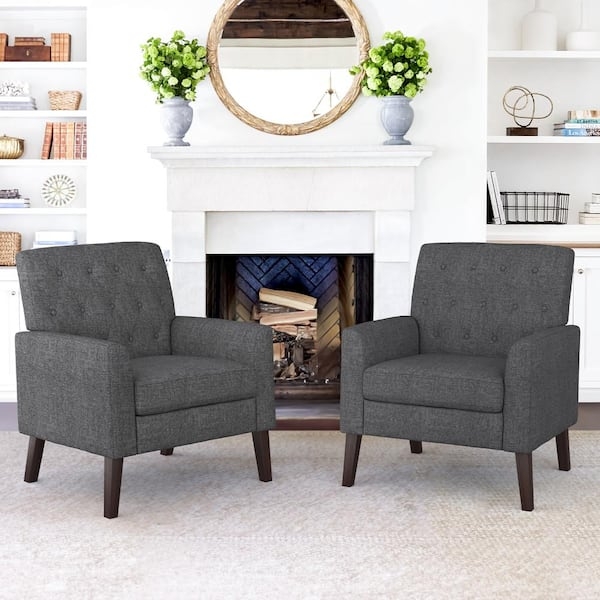 Gray Upholstered Accent Chair Set Barrel Back Wood Legs