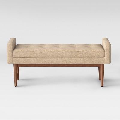 Gray Upholstered Settee Bench, Curved Back, Tapered Legs
