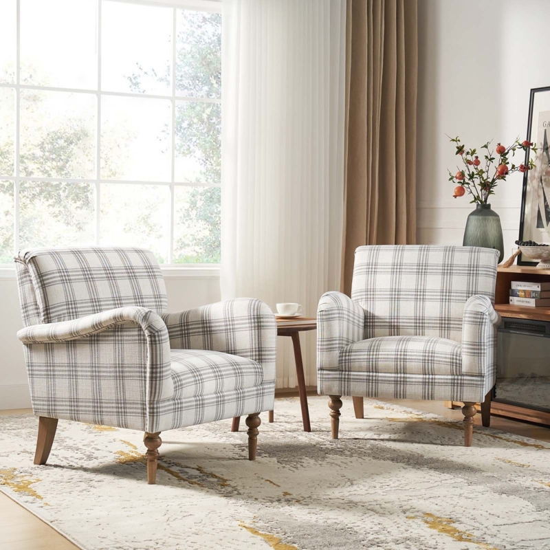 Gray Windowpane Plaid Accent Chairs with Dark Tapered Legs
