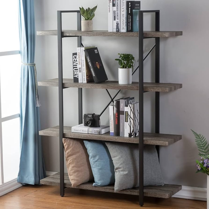 Gray Wood Bookshelf, 4-Tier Industrial Metal X-Cross Etagere.