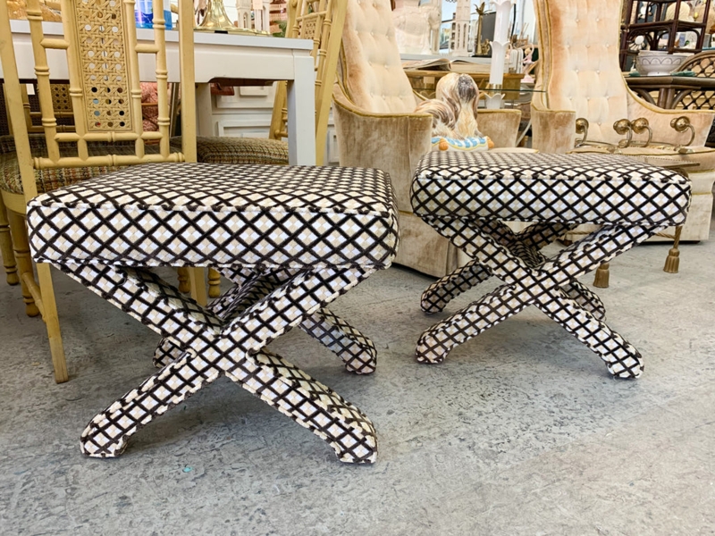 Green Botanical Print Accent Benches, Pair with Wood Base