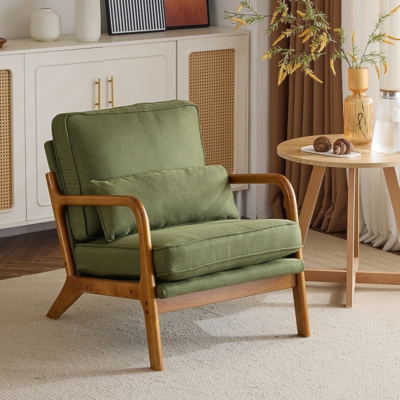 Green Velvet-Like Accent Chair with Curved Back and Tapered Wood Legs