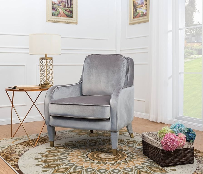 Grey Accent Chair Gold Trim Velvet Barrel Silhouette
