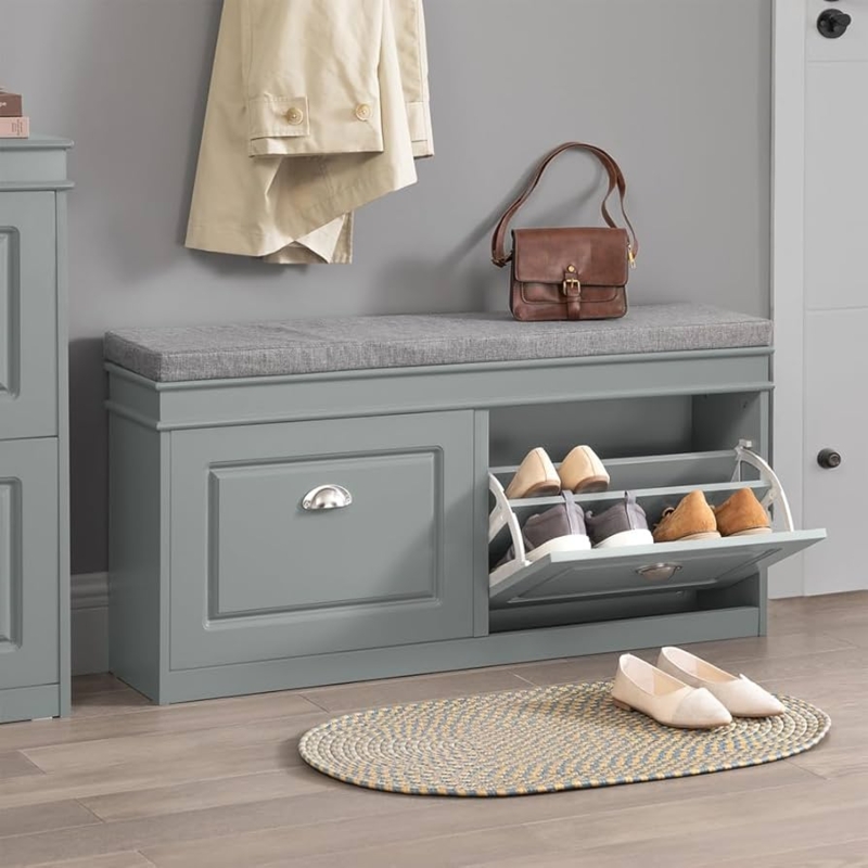 Grey Entryway Storage Bench with Flip-Out Drawers and Padded Seat