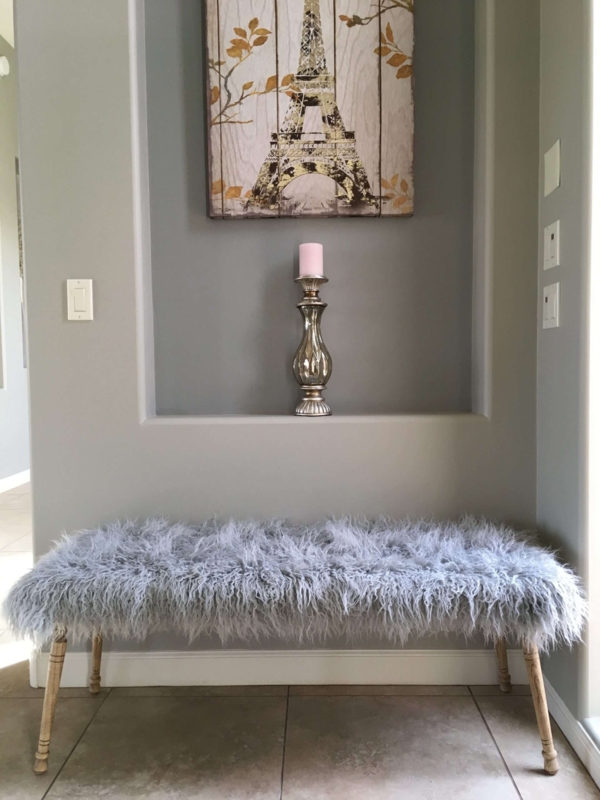Grey Faux Fur Entryway Bench Tapered Wood Legs Chic