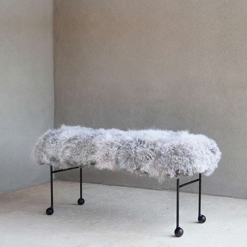 Grey Mongolian Fur Bench Black Metal Legs Ball Feet