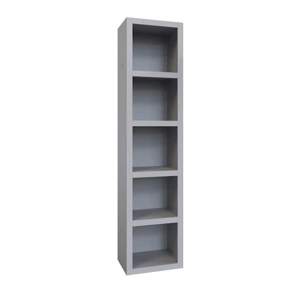 Grey Painted Bookcase featuring Planked Back and Crown Molding Details.