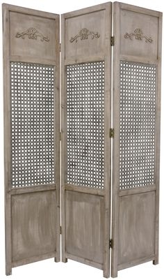 Grey Room Divider with Lattice Mesh and Carved Scrollwork