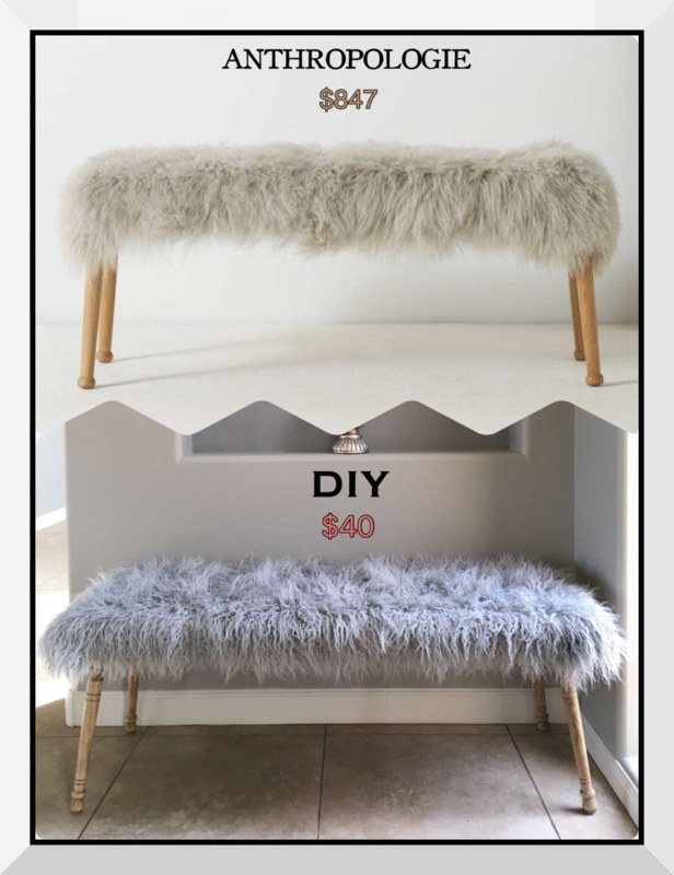 Grey Shaggy Faux Fur Bench Turned Wood Legs Boho Chic