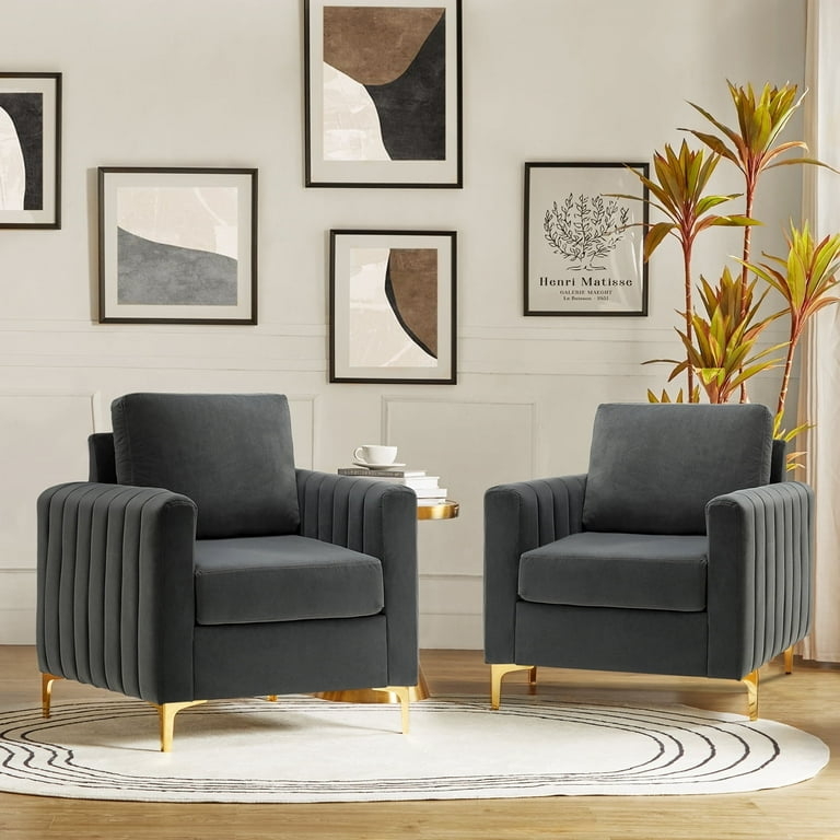 Grey Velvet Club Chair Set with Channel Tufting and Polished Gold Legs