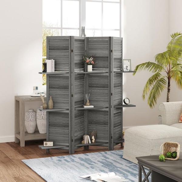 Grey Wood Room Divider Louvered Folding Screen with Shelves