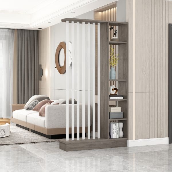 Grey Wood Room Divider with Integrated Shelving and Vertical Slats