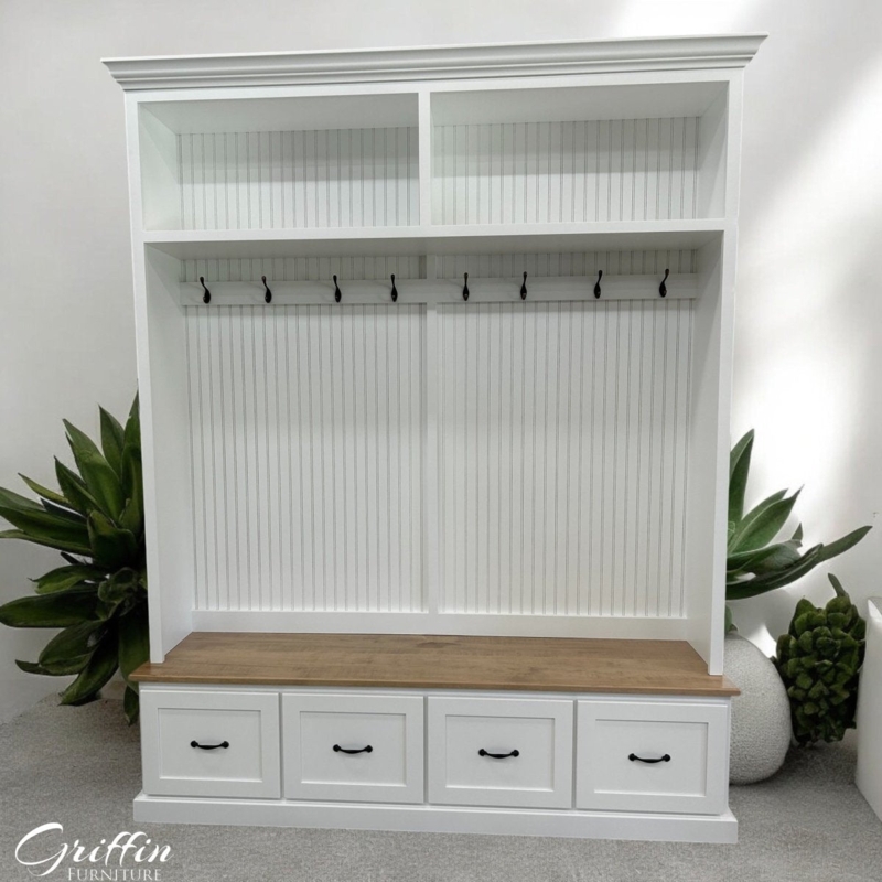 Hall Tree with Shiplap Backing, White Farmhouse Entryway Storage