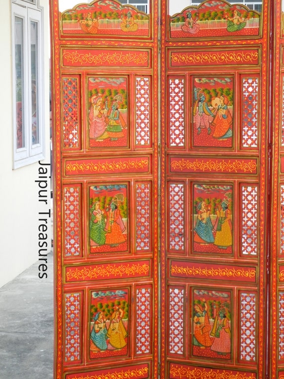 Hand-Painted Indian Folding Room Divider, Red Screen with Jali Panels