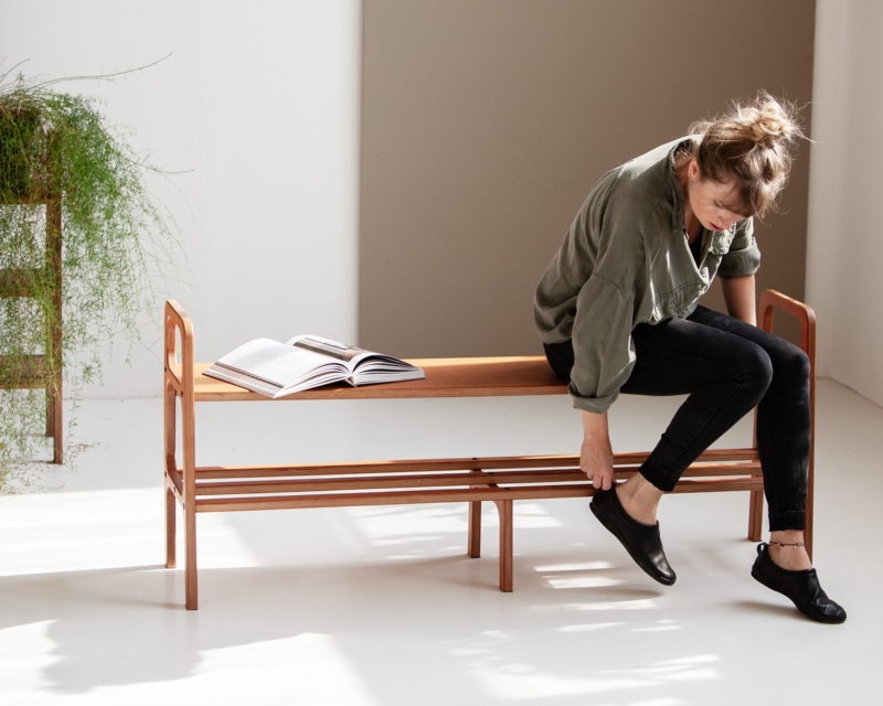 Handcrafted Layered Wood Bench, Tapered Splayed Legs