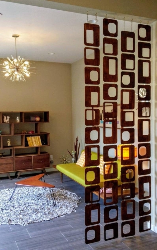 Hanging Geometric Screen Partition In Warm Wood