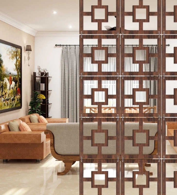 Hanging Room Divider Set with Geometric Fretwork, Walnut Finish Panels