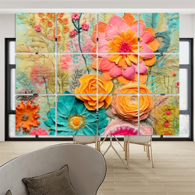 Hanging Room Divider Twelve Panel Grid Vibrant Floral Pattern Retro