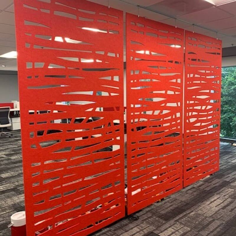 Hanging Room Divider Vibrant Red Felt Acoustic Panels Wavy Cutouts