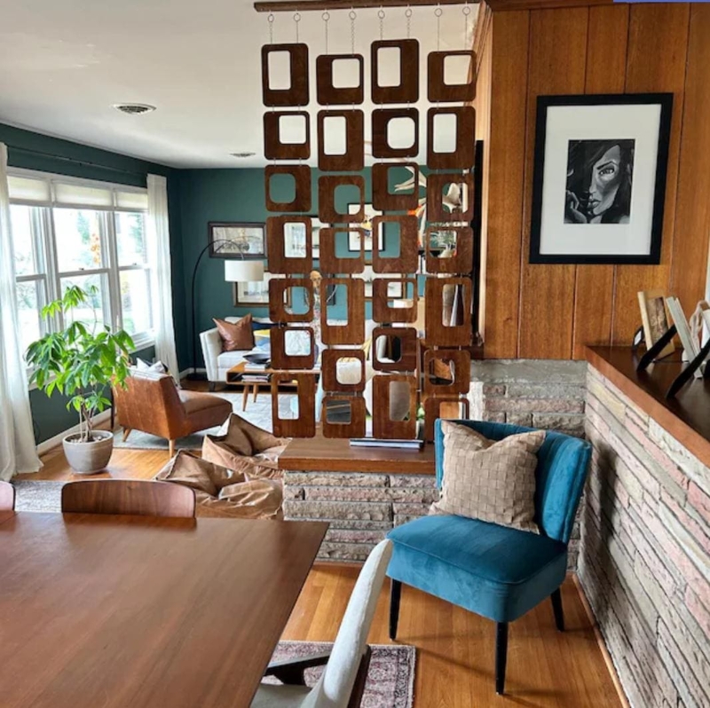 Hanging Room Divider With Walnut Geometric Cutouts