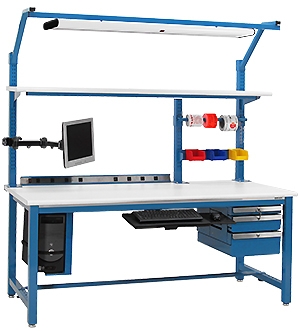 Heavy Duty Workbench with Integrated Monitor Arm, Color Coded Bins, Light.