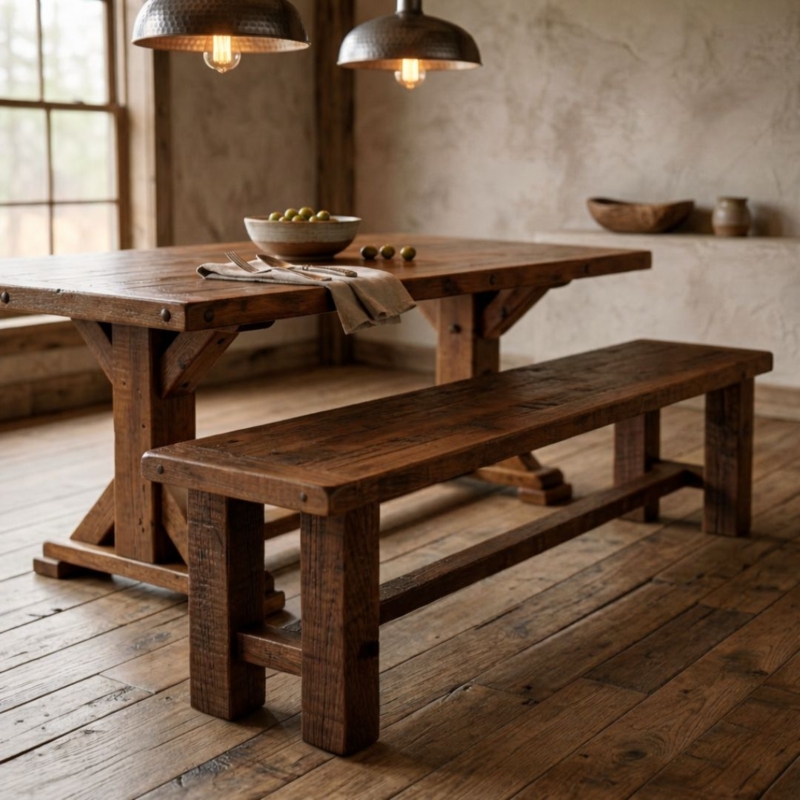 Heavy Timber Dining Bench, Reclaimed Wood Look, Distressed Finish
